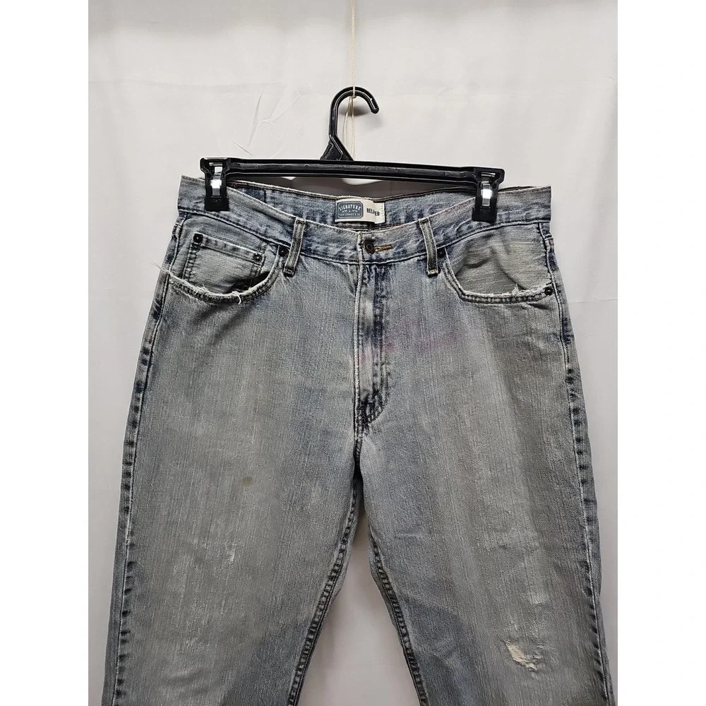 Levi Strauss Signature Men Blue Relaxed Fit Distressed Classic Denim Jeans 36x30